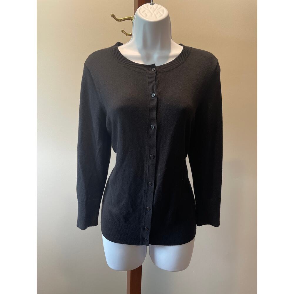 Halogen Black Knit Cardigan Size M Crew Neck Button Front Lightweight